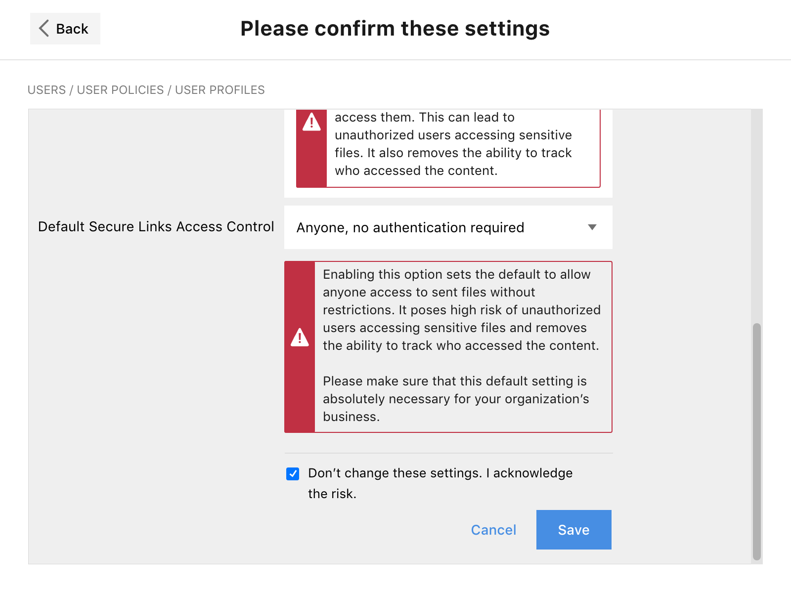 Confirm risk. Setting details with overlay checkboxes.