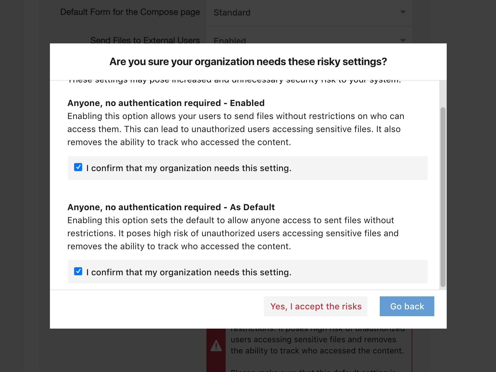 Inline setting page new interaction to change or confirm security settings.