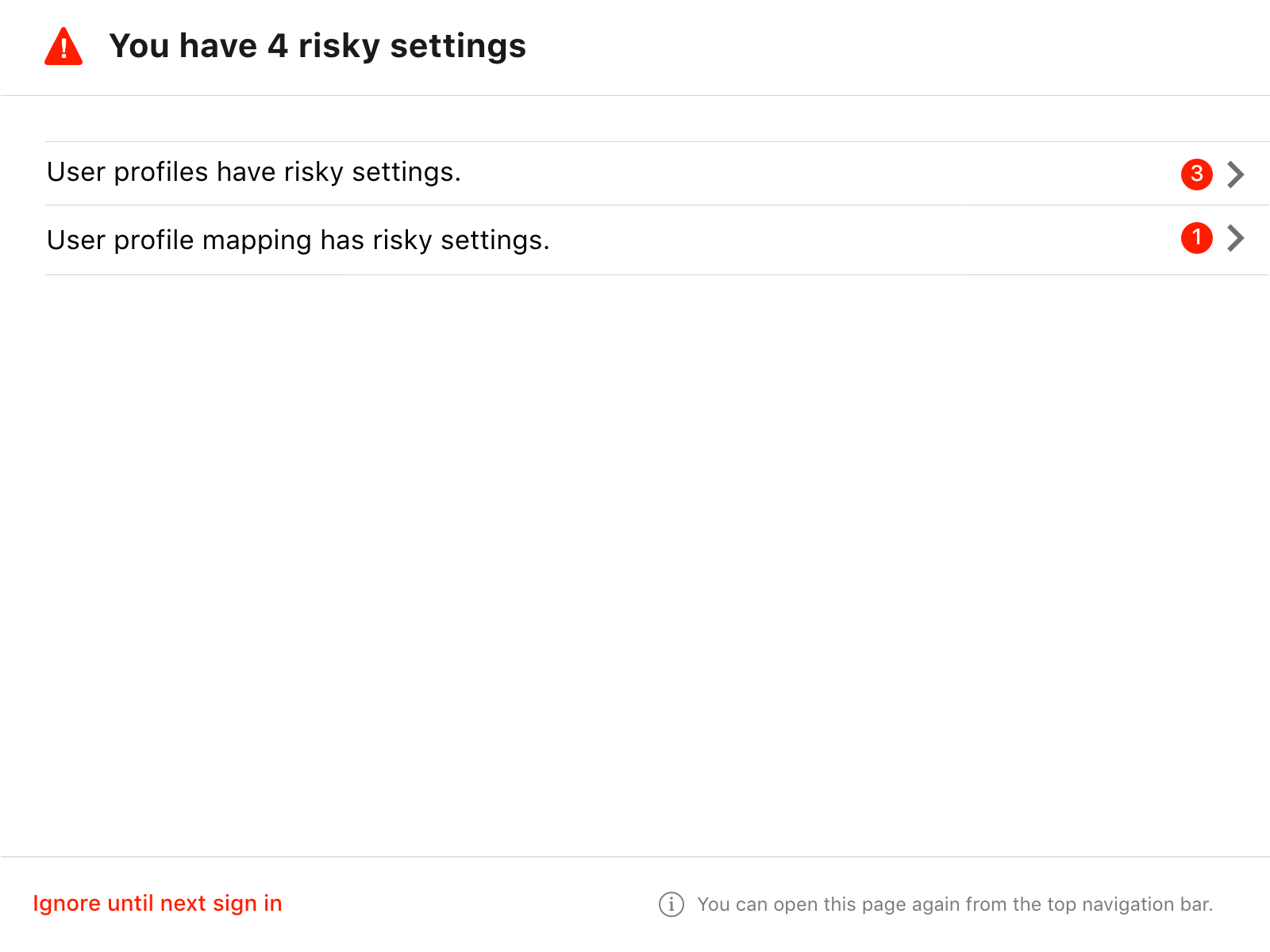 List of security settings grouped by type.